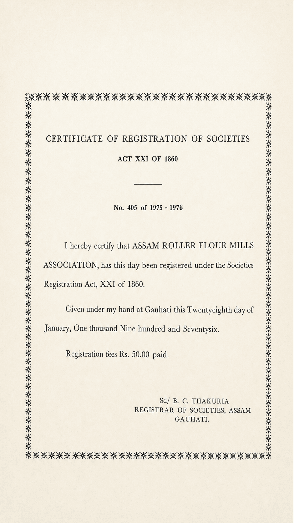 Digitally restored presentation of the typed ARFMA registration certificate record